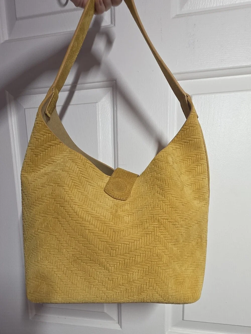 Genuine Leather Suede Yellow Mustard Braided Woven Hobo Shoulder Bag - Women